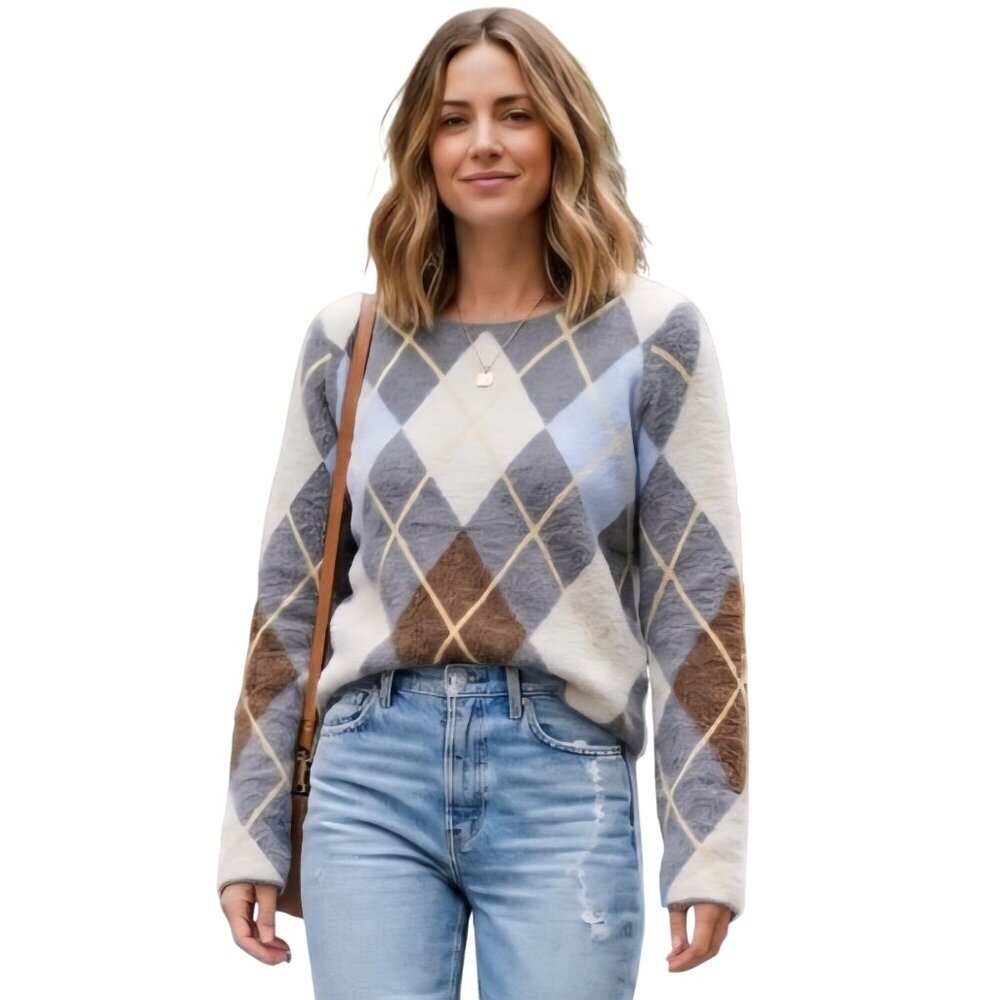 Cynthia Rowley NWT Argyle Knit Sweater Multicolor Long Sleeve Fluffy Size XS